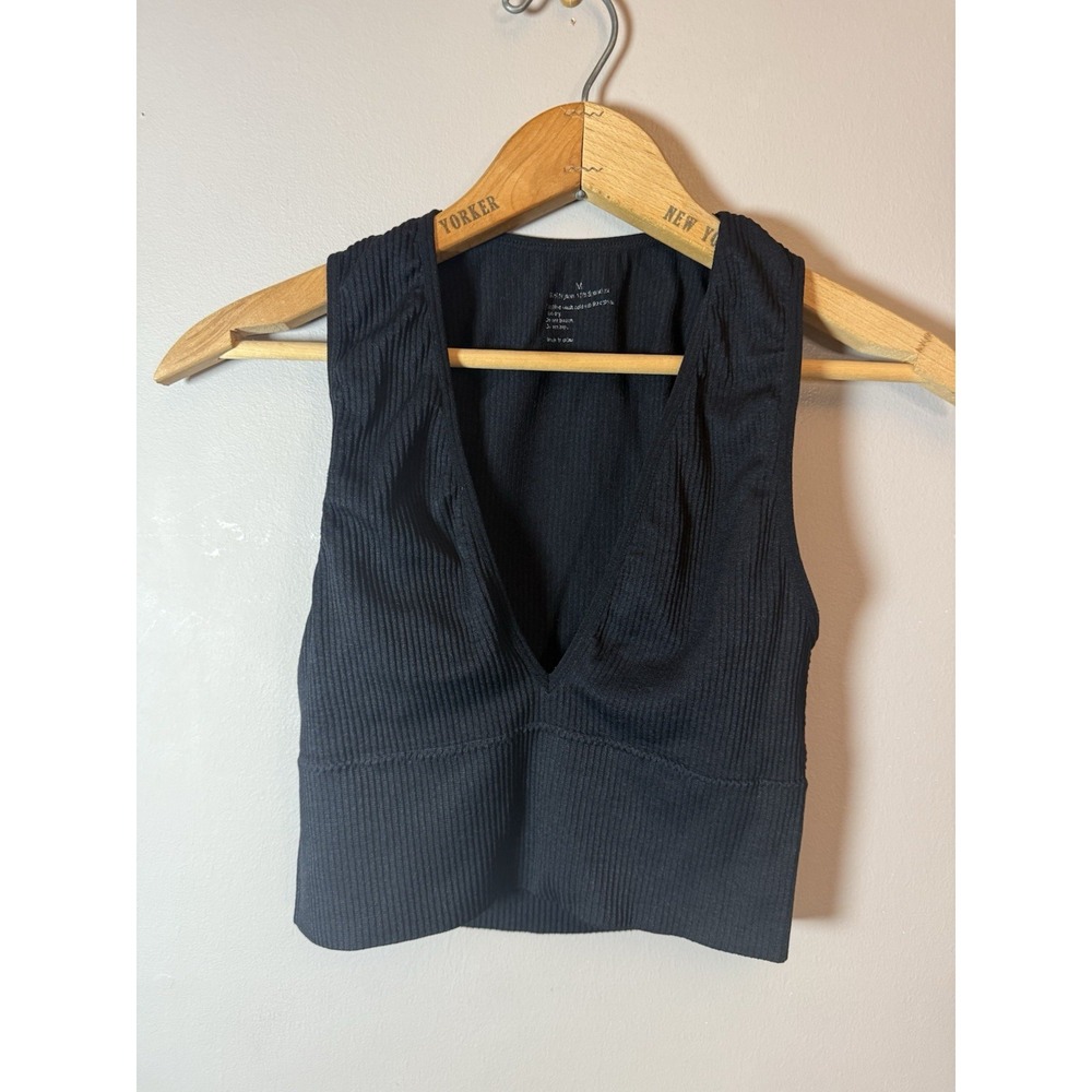 Unbranded Black Medium Ribbed V-Neck Crop Tank